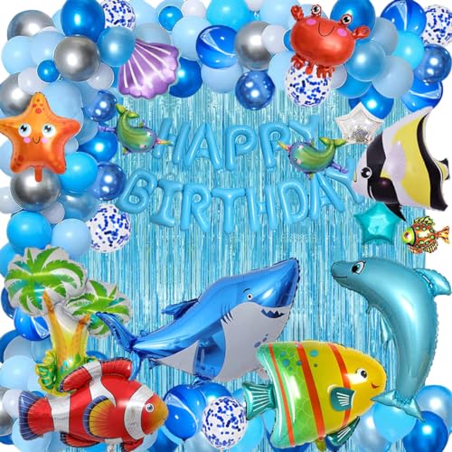 YinQin 176 Stück Blaue Ozean Geburtstagsparty Ballons mit Pumpe, Blau Ozean Thema Geburtstagsdekoration Happy Birthday Ballon, Hai Geburtstagsballon Kinder Geburtstag Luftballons Deko Supplies (Blau) von YinQin