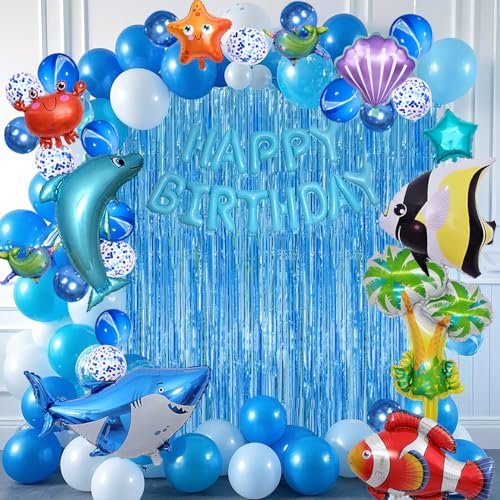 YinQin 176 Stück Blaue Ozean Geburtstagsparty Ballons mit Pumpe, Blau Ozean Thema Geburtstagsdekoration Happy Birthday Ballon, Hai Geburtstagsballon Kinder Geburtstag Luftballons Deko Supplies (Blau) von YinQin