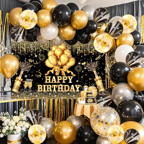 YinQin 63 Stück Schwarze und goldene Geburtstagsballons mit Fotohintergrund, Schwarze Goldene und silberne Geburtstagsballons, Dekoration zum Geburtstag Partyzubehör für Frauen und Männer von YinQin