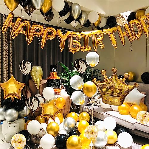 YinQin 118 Stück Schwarze Gold Geburtstagsballon Dekorationen umfassen aufblasbare Pumpen, Schwarz Gold Silberne Geburtstags Luftballons Deko und Geburtstagsparty Ballon Dekorationen der Männer von YinQin