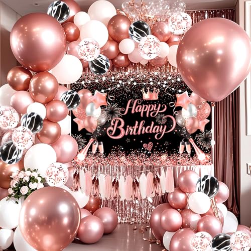 YinQin Rosé Gold Geburtstags Ballons Dekoration mit Fotografie Hintergrund Roségold Geburtstags Luftballons Dekorationen Rose Gold Happy Birthday Party Luftballons Deko für Mädchen Frauen von YinQin