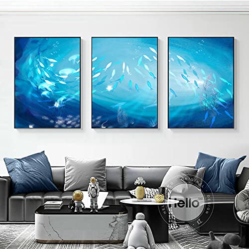 Abstrakte Leinwand Wandkunst Unterwasserszene Leinwand Gemälde Blaues Meerwasser Fisch Bild Einfach zu hängen Dekoration 40x50cmx3pcs Innerframe von Yinaa