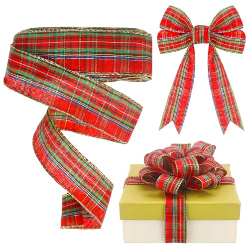 Yinder Kariertes Weihnachtsband mit Draht, 3,8 cm, 30 m, traditionelles rotes Schottenkaro, Weihnachtsband, Grün, Rot, Gold, Girlande, Heimdekoration, Geschenkverpackung, DIY Handwerk von Yinder