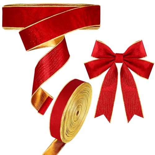 Yinder Weihnachts-Samtband, 6,3 cm, verdrahtet, goldene Kanten, doppelseitiges Band für Weihnachtsschleife, Urlaub, Geschenkverpackungen (91,4 m, Rot, Gold) von Yinder
