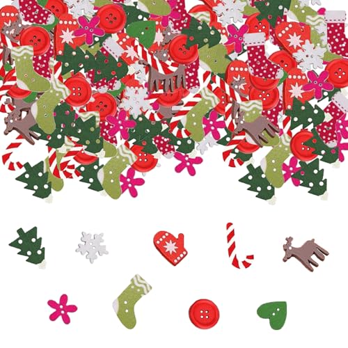 100 Stück Tischdeko Weihnachten,Holz Streudeko Weinachten Konfetti,Weihnachtliches Tischkonfetti,Weihnachts Dekoration,Schneeflocken Tannenbaum Herze Deko Confetti mit Loch,Wood DIY-Dekorationsknöpfe von YingMengZhiGe