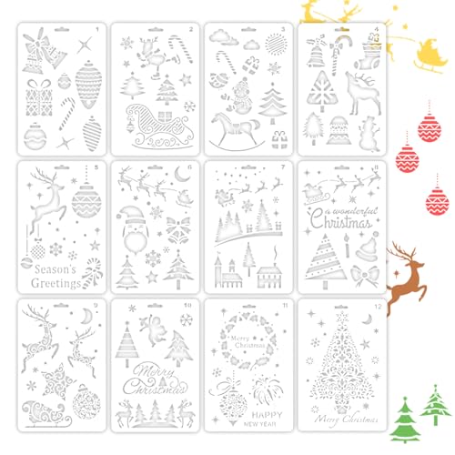 12 Stück Schablonen Weihnachten,DIY Kunststoff Malschablonen,Wiederverwendbar Stencil Schablonen,Weinachten Malset,Christmas Malen Kinder,Malschablonen für Geschenkkarten Wandgestaltung Bemalen von YingMengZhiGe