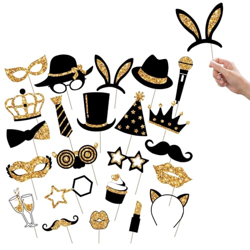 24 Stück Fotobox Requisiten,Lustige Foto Requisiten,Fotoautomat Accessoires für Geburtstag Hochzeit Karneval Partydeko,Party Foto Aktivitäten Gadgets,Fotorequisiten Gold Deko,Props Mischung Zubehör von YingMengZhiGe
