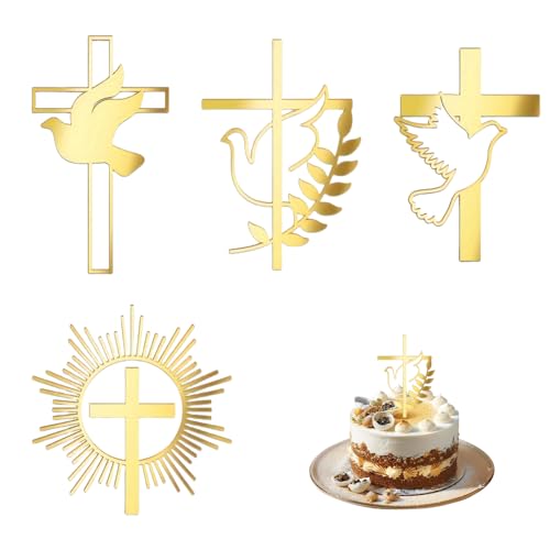 4 Stück Kreuz Cake Topper Taufe,Goldenes Kreuz Tortendeko,Tortenaufleger Firmung,Konfirmation Deko Torte,Gold Acryl Gâteau Topper Jungen Mädchen,tortendeo für Geburtstag,Hochzeit,Weihnachten,Communion von YingMengZhiGe