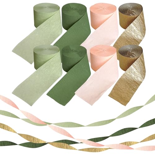 8 Rollen Krepppapier,Peach Pink Bean Green Ink Green Gold Kreppbänder Pastellfarben Luftschlangen Deko für Hochzeit,Verlobungsfeier, Geburtstagsparty Boho-Babyparty,Partydeko (4,5 cm x 25 m/Rolle) von YingMengZhiGe