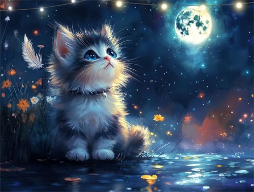 Diamond Painting Katze Diamond Painting Erwachsene Mond Basteln Erwachsene, 5D Diamant Paintings Kits 35x45cm, Mosaikherstellung Bastelset, Cross Stickerei Malerei Kits für Wanddeko Wohnzimmer K9-1304 von Yingeen