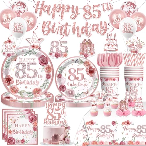 200 Stück 85. Geburtstag Dekorationen für Frauen, rosa Blumen Happy 85th Birthday Banner, Luftballons, Kuchenaufsätze, Teller und Servietten Set mit 2 Stück Tischdecke Cheers to 85 Years 85 Fabulous von Yingoto