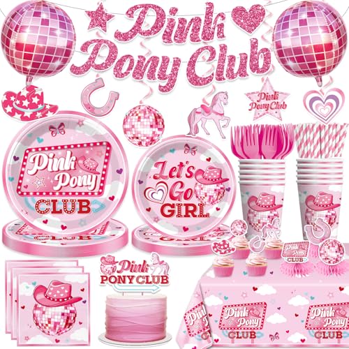 Yingoto Pink Pony Club Dekorationen mit Tortenaufsatz, 25 Portionen rosa Pony Club Einweggeschirr-Set, mit 2 Tischdecken, Banner, für Disco Cowgirl und Junggesellinnenabschied Dekorationen Yingoto Pink Pony Club Dekorationen mit Tortenaufsatz, 25 Portionen rosa Pony Club Einweggeschirr-Set, mit 2 Tischdecken, Banner, für Disco Cowgirl und Junggesellinnenabschied Dekorationen von Yingoto
