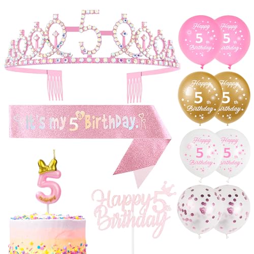 14 Stück Dekorationen zum 5. Geburtstag, einschließlich Schärpe zum 5. Geburtstag und Tiara-Krone, Luftballons zum 5. Geburtstag, Kerzen, Kuchendekoration, Happy Birthday für 5 Jahre alte Mädchen, von Yiran
