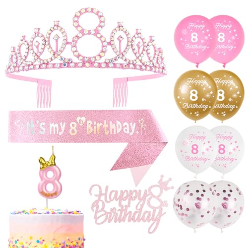 14 Stück Dekorationen zum 8. Geburtstag, einschließlich Schärpe zum 8. Geburtstag und Tiara-Krone, Luftballons zum 8. Geburtstag, Kerzen, Kuchenaufsatz, Happy Birthday für 8 Jahre alte Mädchen, von Yiran