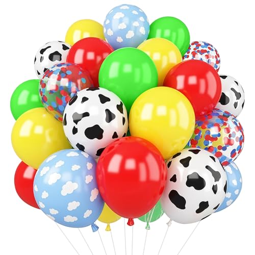 18 x Spielzeug-Luftballons in Rot / Gelb / Blau mit Himmelswolkenkonfetti, Kuh-Druck, Spielzeug-Cartoon-Thema für Jungen und Mädchen, Geburtstagsparty-Zubehör, Dekorationen 18 x Spielzeug-Luftballons in Rot / Gelb / Blau mit Himmelswolkenkonfetti, Kuh-Druck, Spielzeug-Cartoon-Thema für Jungen und Mädchen, Geburtstagsparty-Zubehör, Dekorationen von Yiran