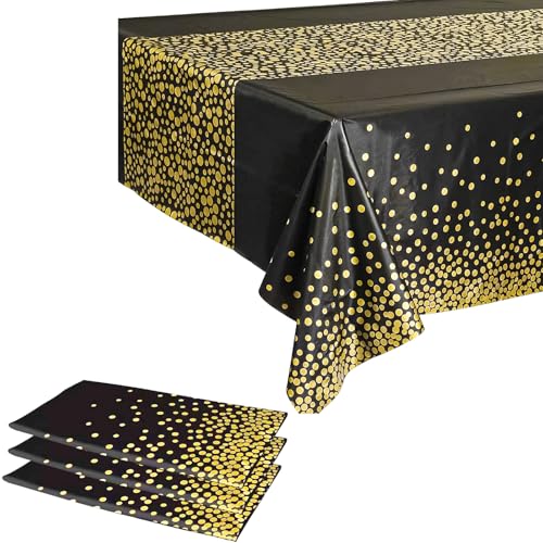 3er Pack Schwarze Plastik Tischdecke mit Gold-Punkten 137x274cm (9x4,5ft) | Tiefschwarz & Hochglanz | Wasserdicht, Ölfest für Hochzeit, Gartenparty | Tischdeko von Yiran
