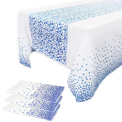 3er Pack Weiß mit Blau Punkte Plastik Tischdecke 137x274cm (9x4,5ft) Rechteckig | Wasserdicht, Fleckenresistent & Ölfest | Für Geburtstag, Hochzeit, Gartenparty | Tischdeko von Yiran