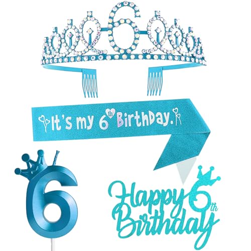 6. Geburtstag Dekorationen für Mädchen - Blau Partyzubehör einschließlich Krone, Schärpe, Kuchenaufsätze, Zahl 6 Kerzen 6. Geburtstag Dekorationen für Mädchen - Blau Partyzubehör einschließlich Krone, Schärpe, Kuchenaufsätze, Zahl 6 Kerzen von Yiran