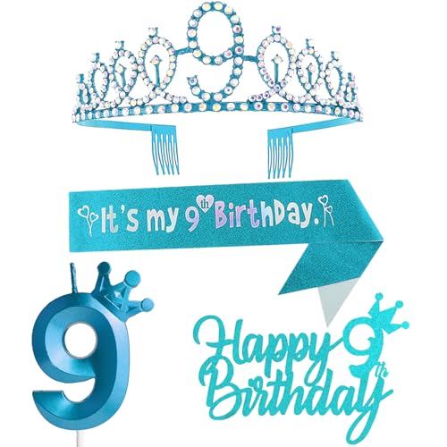 Dekoration zum 9. Geburtstag für Mädchen – Blaues Partyzubehör inklusive Krone, Schärpe, Kuchendekorationen und Kerzen der Zahl 9 Dekoration zum 9. Geburtstag für Mädchen – Blaues Partyzubehör inklusive Krone, Schärpe, Kuchendekorationen und Kerzen der Zahl 9 von Yiran
