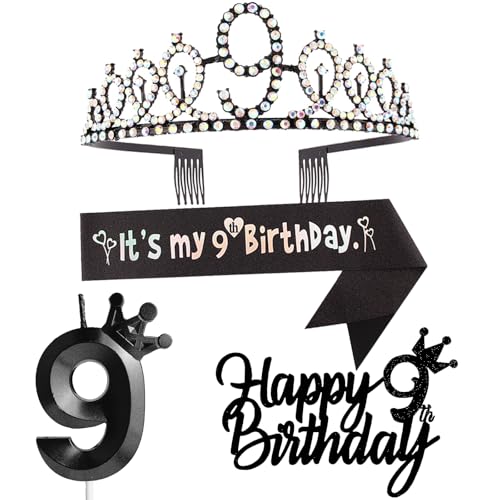 Dekoration zum 9. Geburtstag für Mädchen, einschließlich Krone, Diadem, Schärpe, Kuchenaufsätze und Kerzen der Zahl 9, Schwarz Partyzubehör Dekoration zum 9. Geburtstag für Mädchen, einschließlich Krone, Diadem, Schärpe, Kuchenaufsätze und Kerzen der Zahl 9, Schwarz Partyzubehör von Yiran