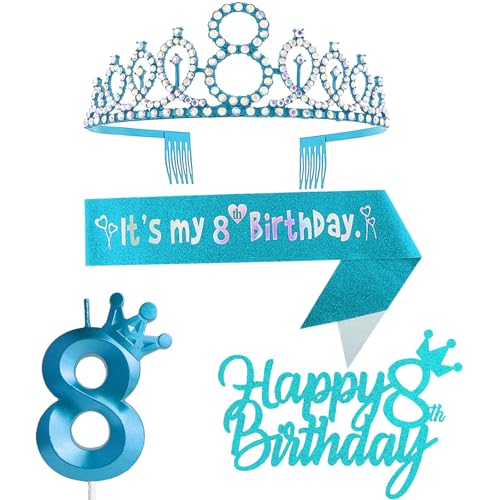 Blaue Dekoration zum 8. Geburtstag für Mädchen, einschließlich Krone, Tiara, Schärpe, Kuchendekoration und Kerzen der Zahl 8 Blaue Dekoration zum 8. Geburtstag für Mädchen, einschließlich Krone, Tiara, Schärpe, Kuchendekoration und Kerzen der Zahl 8 von Yiran