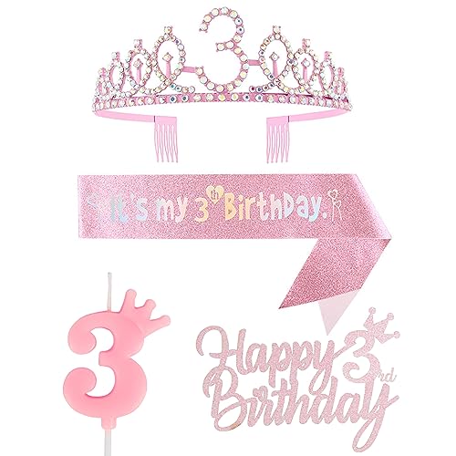 Dekoration zum 3. Geburtstag für Mädchen, einschließlich Krone zum 3. Geburtstag, Tiara, Schärpe, Happy Birthday Cake Topper und Zahl 3 Kerzen, rosa Geburtstagsparty-Zubehör, 3 Jahre altes Mädchen von Yiran