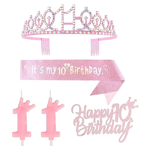 Dekorationen zum 11. Geburtstag für Mädchen, einschließlich Krone zum 11. Geburtstag, Tiara, Schärpe, Happy Birthday Cake Topper und Zahl 11 Kerzen, rosa Geburtstagsparty-Zubehör, 11 Jahre altes von Yiran