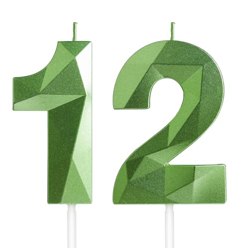 Geburtstagskerzen Zahl 12 Grün - Grüne Kerzen 3D Kerzen für Junge Mädchen Geburtstagstorten, Kerzen zum 12 Geburtstagsdeko (Nummer 12 Kerze, Tortenkerzen) Geburtstagsparty, Feier von Yiran