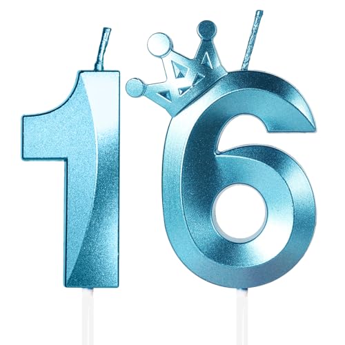 Geburtstagskerzen Zahlen mit Krone 16, 5cm 3D Blau Geburtstagskerzen, Geburtstag Kerzen,Kerzen Geburtstag,Tortenaufsätze Kuchen Topper Dekoration Hochzeit Geburtstag Jubiläum Feier Lieferungen(16） von Yiran