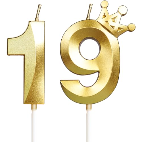 Yiran 19, 5cm 3D Gold Geburtstagskerzen mit Krone, Kerzen für Geburtstag, Hochzeit, Jubiläum, 2 Stück, Unparfümiert von Yiran
