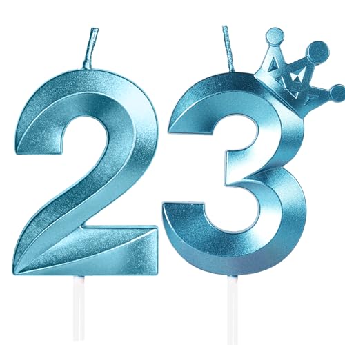 Yiran 23, 5cm 3D Blau Geburtstagskerzen mit Krone, Kerzen für Geburtstag, Hochzeit und Jubiläum, 2 Stück, Unparfümiert von Yiran