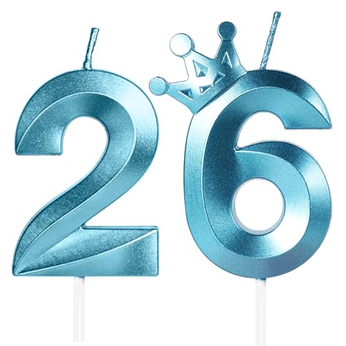 Yiran 26, 5cm 3D Blau Geburtstagskerzen mit Krone, Kerzen für Geburtstag, Hochzeit und Jubiläum, Unparfümiert, 2 Stück, ohne Behälter von Yiran