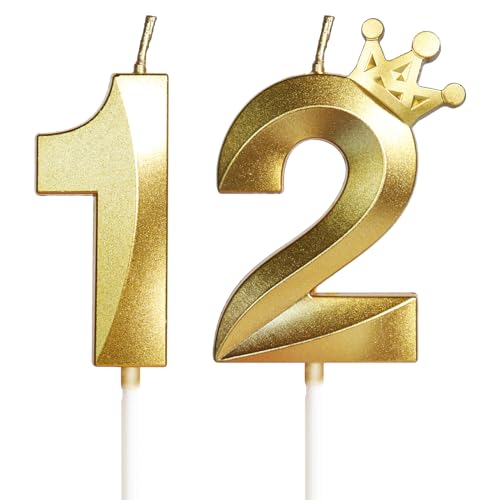 Kerzen zum 12. Geburtstag, Zahl 12, goldene Kerzen mit Krone, 3D-Design, Geburtstagskuchenaufsatz für Jungen, Mädchen, Frauen, Männer, Geburtstagsparty, Hochzeitstag, Feier, Dekorationen von Yiran