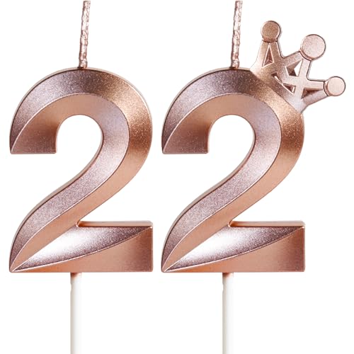 Kerzen zum 22. Geburtstag für Kuchen, Zahl 22 Roségold Kerzen mit Krone, 3D-Design, Geburtstagskuchenaufsatz für Frauen und Männer, Geburtstagsparty, Hochzeitstag, Feier, Dekorationen, Zubehör von Yiran
