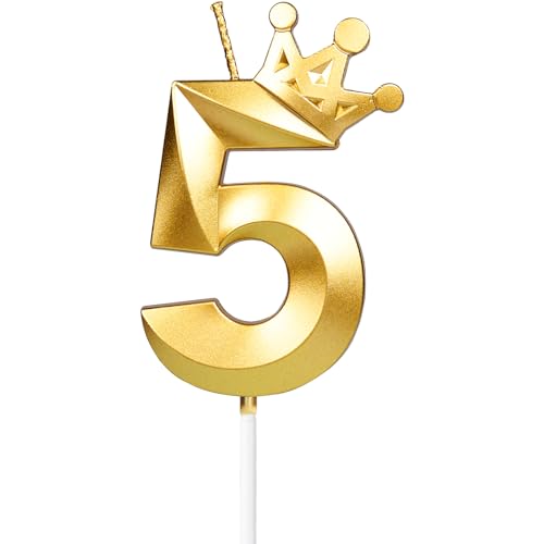 Kerzen zum 5. Geburtstag für Kuchen, Zahl 5 Goldkerzen mit Krone, 3D-Design, Geburtstagskuchenaufsatz für Mädchen, Frauen, Haustiergeburtstag, Party, Hochzeit, Jahrestag, Feier, Dekorationen Supplies von Yiran