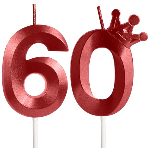 Kerzen zum 60. Geburtstag, Zahl 60, rote Kerzen mit Krone, 3D-Design, Geburtstagskuchenaufsatz für Damen und Herren, Geburtstagsparty, Hochzeitstag, Feier, Dekorationen von Yiran
