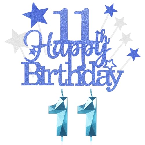 Kuchen Deko 11 Geburtstag Mädchen Jungen,Happy 11th Birthday Blau Cake Topper with 3D Geburtstag Kerzen Nummer 11,Geburtstag Cake für Teenager Junge Party Decoration (9 Stück) von Yiran
