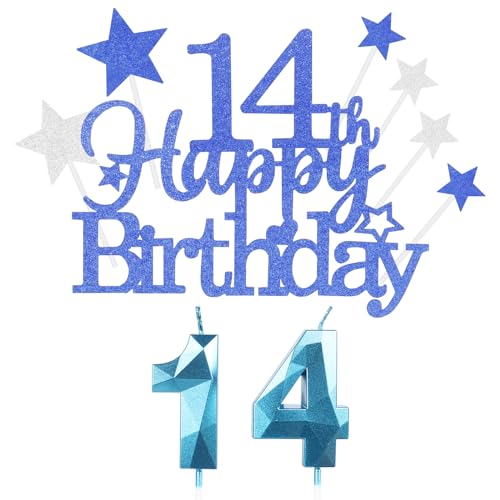 Kuchen Deko 14 Geburtstag Mädchen Jungen,Happy 14th Birthday Blau Cake Topper with 3D Geburtstag Kerzen Nummer 14,Geburtstag Cake für Teenager Junge Party Decoration (9 Stück) von Yiran