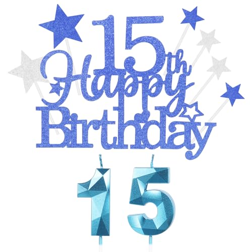 Kuchen Deko 15 Geburtstag Mädchen Jungen,Happy 15th Birthday Blau Cake Topper with 3D Geburtstag Kerzen Nummer 15,Geburtstag Cake für Teenager Junge Party Decoration (9 Stück) von Yiran