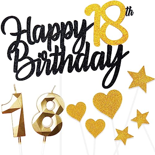 Kuchen Deko 18 Geburtstag Mädchen Jungen,Happy 18th Birthday Schwarz Gold Cake Topper with 3D Geburtstag Kerzen Nummer 18 Jungen für Mädchen Mann Frau Geburtstag Cake Dekoration(9 Stück) von Yiran