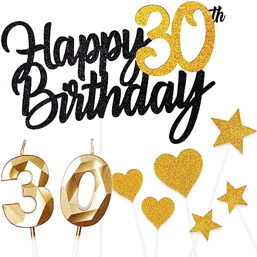 Kuchen Deko 30 Geburtstag Mädchen Jungen,Happy 30th Birthday Schwarz Gold Cake Topper with 3D Geburtstag Kerzen Nummer 30 Jungen für Mädchen Mann Frau Geburtstag Cake Dekoration (9 Stück) von Yiran