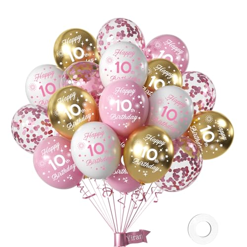 Yiran 16 Stück Luftballons 10 Jahre Geburtstag Deko,Rosa und Weiss Gold Geburtstag Deko 10 Jahre Mädchen,Happy 10th Birthday Deko Luftballon, Deko Geburtstag Konfetti Zahl 10 Luftballons von Yiran