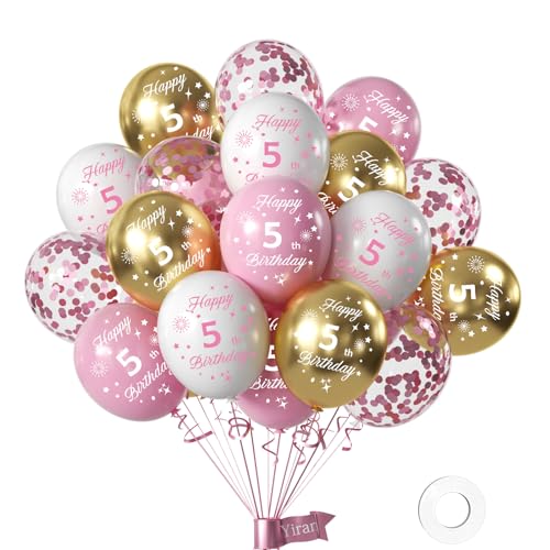 Yiran 16 Stück Luftballons 5 Jahre Geburtstag Deko,Rosa und Weiss Gold Geburtstag Deko 5 Jahre Mädchen,Happy 5th Birthday Deko Luftballon, Deko Geburtstag Konfetti Zahl 5 Luftballons von Yiran