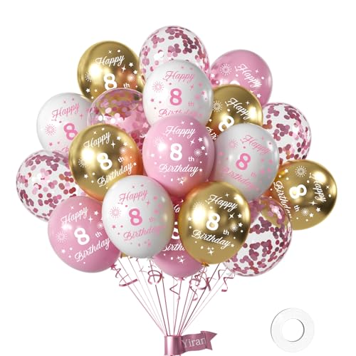 Yiran 16 Stück Luftballons 8 Jahre Geburtstag Deko,Rosa und Weiss Gold Geburtstag Deko 8 Jahre Mädchen,Happy 8th Birthday Deko Luftballon, Deko Geburtstag Konfetti Zahl 8 Luftballons von Yiran