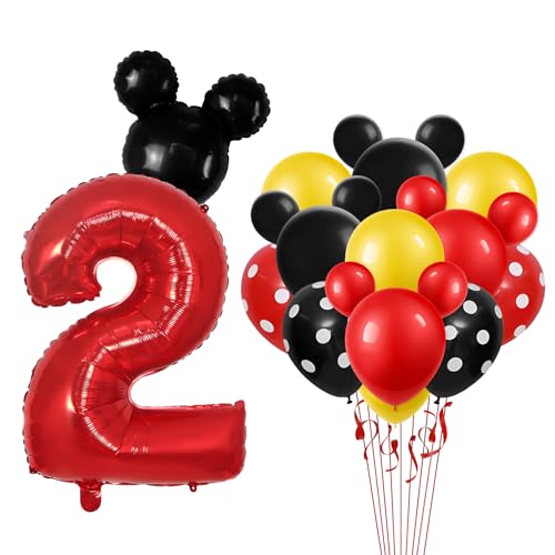 Mickey Thema Luftballons Deko 2. Geburtstag Mädchen Junge, Luftballons Zahlen 2 Rot 32 Zoll, Mickey Kindergeburtstag Luftballons Schwarz 18 Zoll und Schwarze Rote Gelbe Polka Dot Latexballon von Yiran