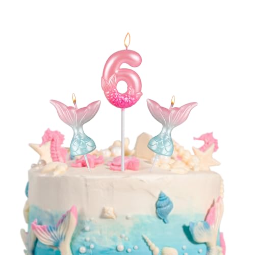 Rosa Meerjungfrau Schwanz Kerzen Geburtstag Set, Zahlen 6, Tortendeko für Mädchen, Meerjungfrau Geburtstagsfeier Party Deko von Yiran