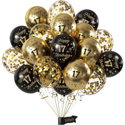 Schwarz Gold 17 Geburtstag Deko,15 Stück Luftballons Geburtstag Deko 17 Junge Mädchen,Happy Birthday Ballons Schwarz Gold Deko Set,Happy Birthday Ballon 17 Jahre für Party Dekoration,Geburtstagsparty von Yiran
