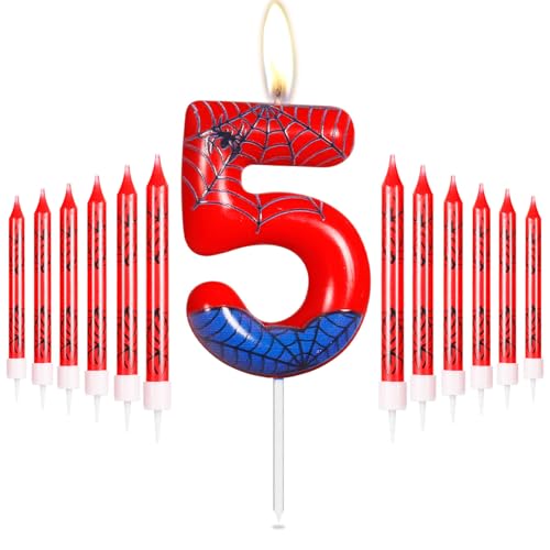 Yiran Spiderman-Kerzen-Set zum 5. Geburtstag, Zahl 5 mit 12 langen Spiderman-Kerzen, Geburtstagskerzen für Kuchen, Superhelden-Kuchenaufsätze, Kerzen für Kinder, Jungen, Mädchen, Party-Dekoration, Feier, LZ-ZZXCG-5 von Yiran