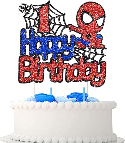 Spiderman Tortendeko 1 Geburtstag, Happy Birthday Tortendek， Superhelden Cake Topper, Doppelseitiger Glitter Kindergeburtstag Kuchen Deko für Mädchen Junge Baby von Yiran