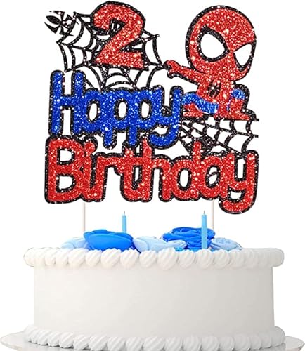 Spiderman Tortendeko 2 Geburtstag, Happy Birthday Tortendek， Superhelden Cake Topper, Doppelseitiger Glitter Kindergeburtstag Kuchen Deko für Mädchen Junge Baby von Yiran